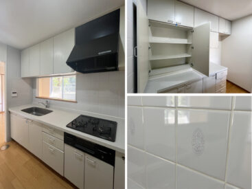 調理スペース、収納ものびのびと使えます。タイルもポイント。