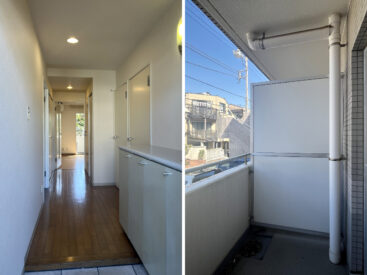 靴箱が連なった玄関。玄関7.4帖にも横にもバルコニーあります。