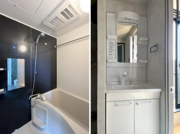 浴室乾燥のあるお風呂。シンプルな洗面台。