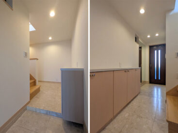 玄関部分をパチリ。壁沿いにはなが～いシューズボックス、靴以外に小物やストック入れとしても使えそう。