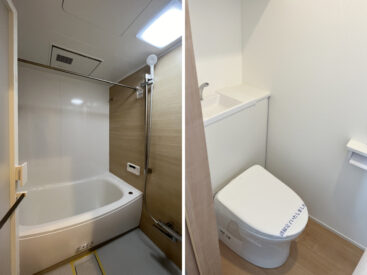 鏡の無いシンプルな浴室。乾燥機つき。トイレは2階に。