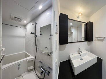 浴室乾燥のあるお風呂。ダークな色味でキリッとした印象の洗面台。