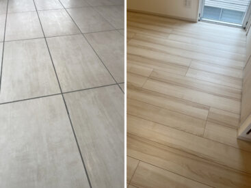 LDKのタイル床。寝室はフローリング。